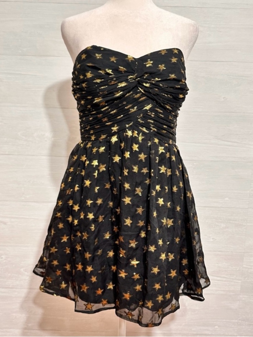 Shoshanna Strapless Black Gold Star Print Cocktail Dress Size 4 Sweetheart Mini